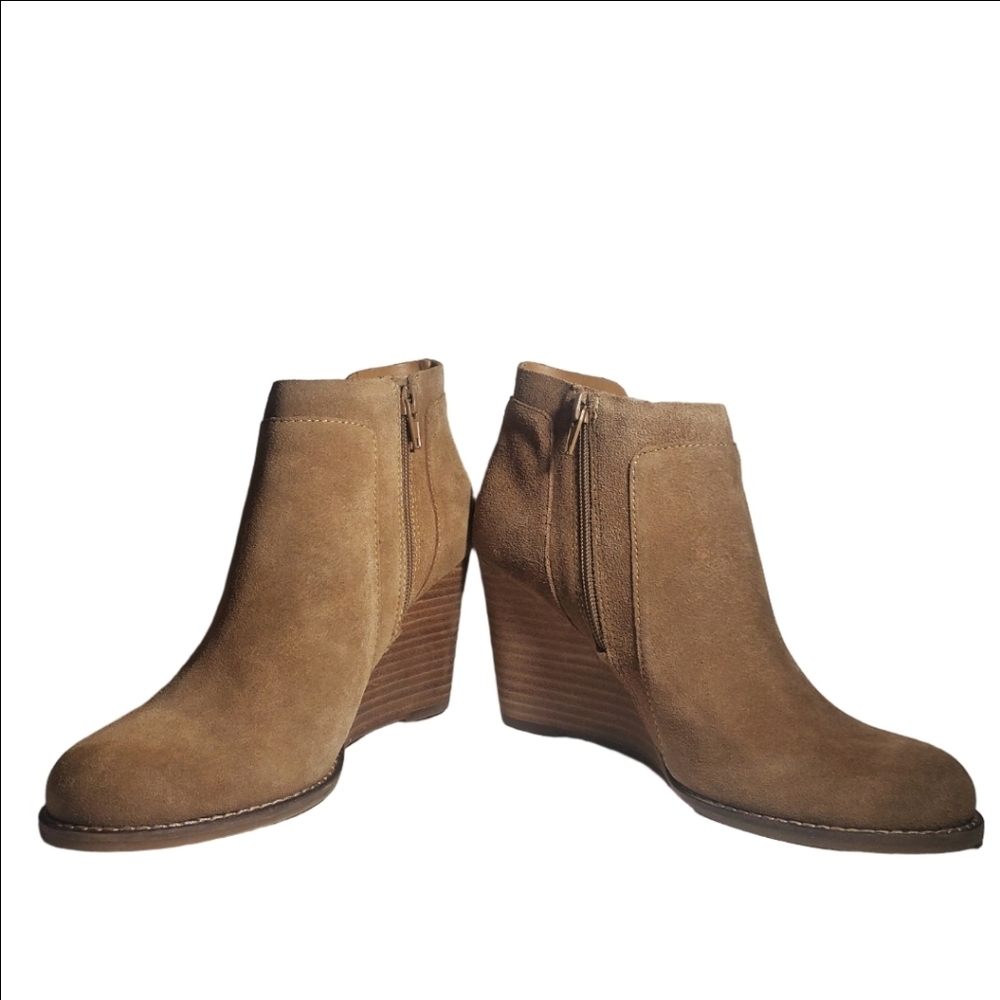 LUCKY BRAND Yabba Split Brown Suede Wedge Zip Ankle Bootie Woman's 8.5 EUC - Picture 3 of 8